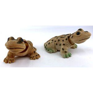 Flocked Turtle Toad Bobblehead Green Brown Bobbing Head Bobble Lot of 2 Vintage